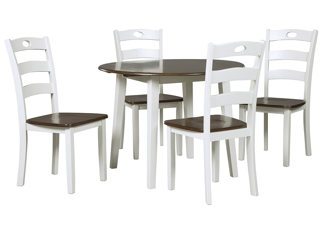 Woodanville White/Brown Round Dining Room Drop Leaf Table w/4 Side Chairs